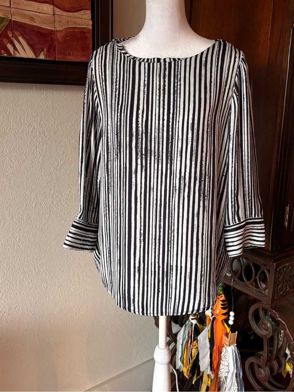 Black & White Striped Women’s Blouse - Classic Crew Neck